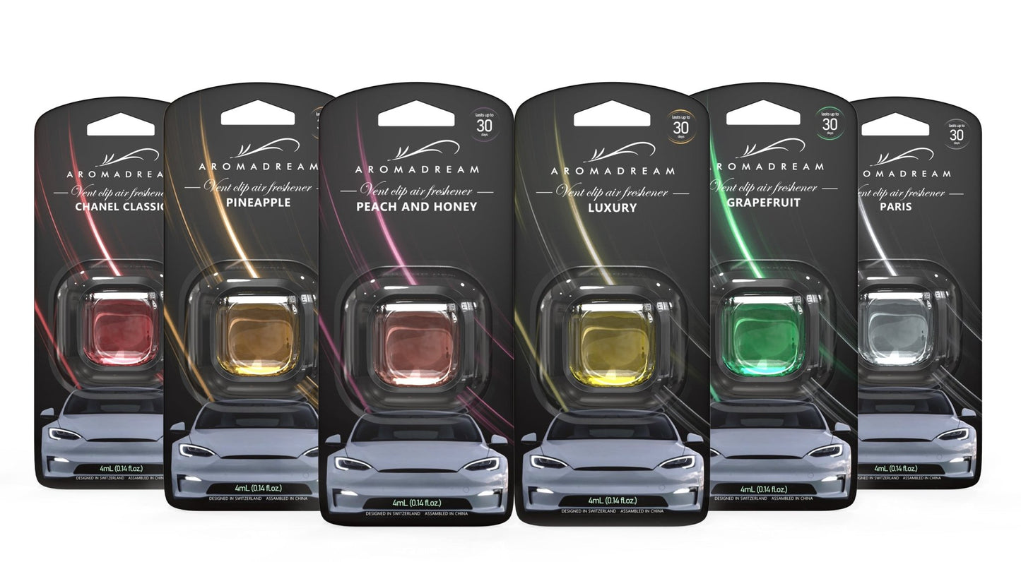 Aromadream Autolufterfrischer – alle Duftrichtungen in edlem Design nebeneinander präsentiert