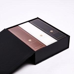 Geöffnete Moonrich Duftbox mit drei Premium-Duftflakons – ideal als Geschenkset für stilvolle Wohnräume.