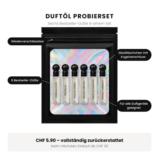 Duftöl Muster-Pack von Aromadream mit Hinweisen zu Inhalt und Anwendung