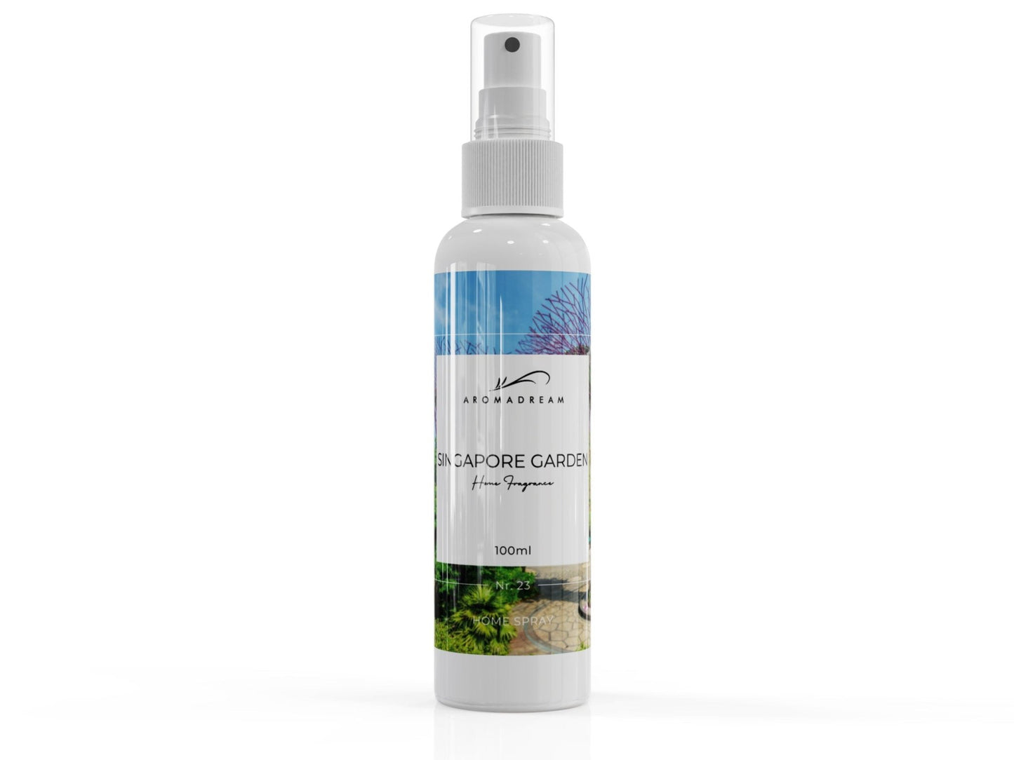 Aromadream Singapore Garden Raumduft Spray in eleganter 100ml-Flasche mit floraler Etikettgestaltung, inspiriert von asiatischen Gärten