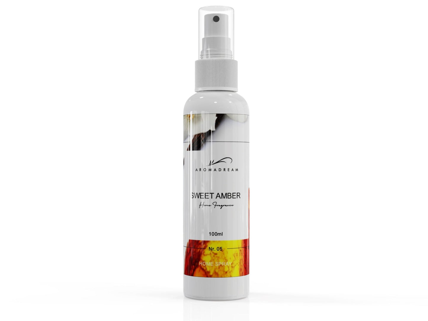 Aromadream Sweet Amber Raumduft Spray in 100ml-Flasche mit gold-rötlichem Etikett und eleganter Duftcharakteristik für warme Wohnakzente