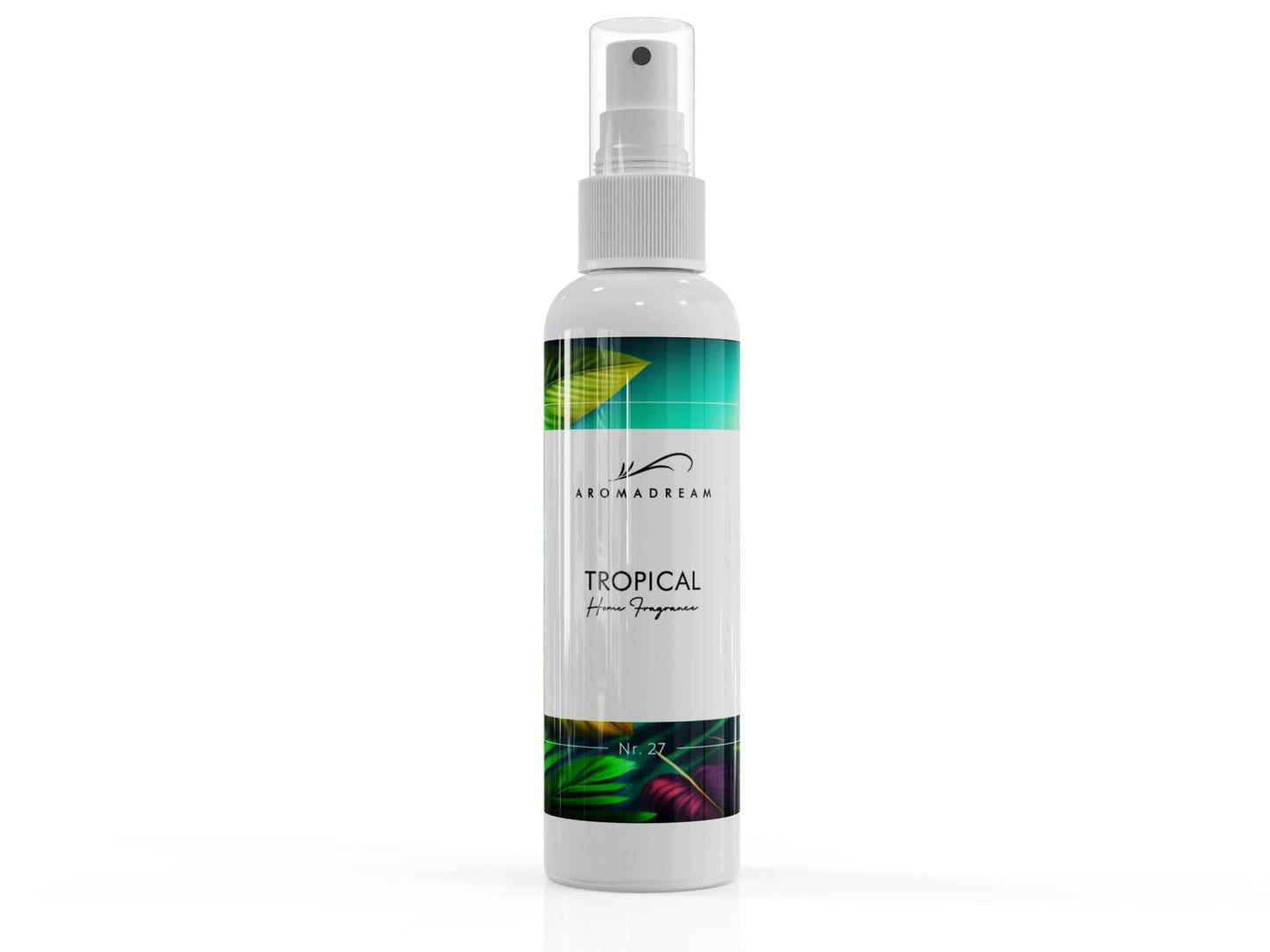 Aromadream Tropical Raumduft Spray in weißer 100ml-Flasche mit farbenfrohem tropischem Design und exotischem Sommerduft
