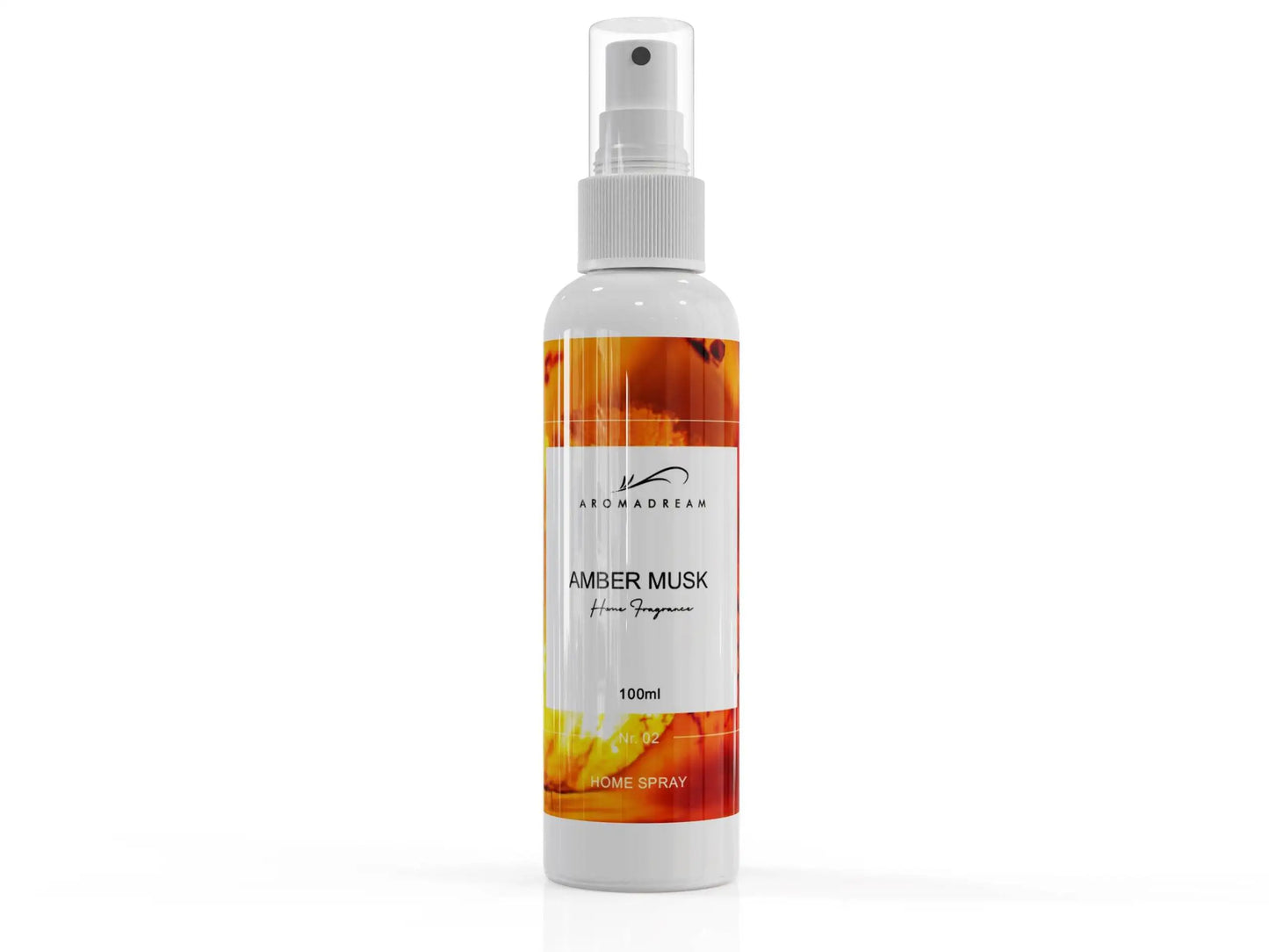 Aromadream Amber Musk Raumduft Spray mit warmer Amber-Moschus-Komposition in 100 ml-Flasche.