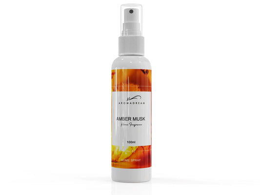 Aromadream Amber Musk Raumduft Spray mit warmer Amber-Moschus-Komposition in 100 ml-Flasche.