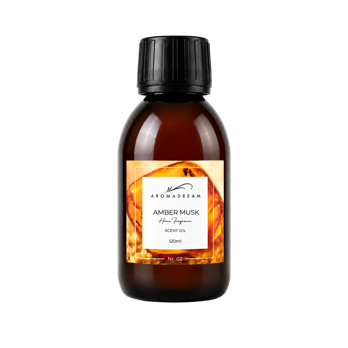 Duftöl Amber Musk, 120-ml-Flasche aus braunem Kunststoff mit schwarzem Schraubverschluss, Frontansicht