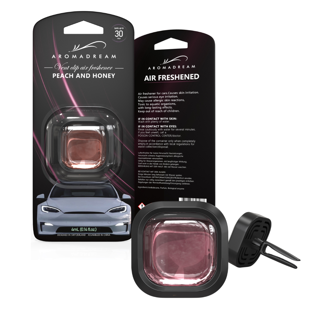 Autoduft Duftclip Peach and Honey von Aromadream – fruchtig-süßer Lufterfrischer fürs Auto-Lüftungsgitter, tropffrei & elegant