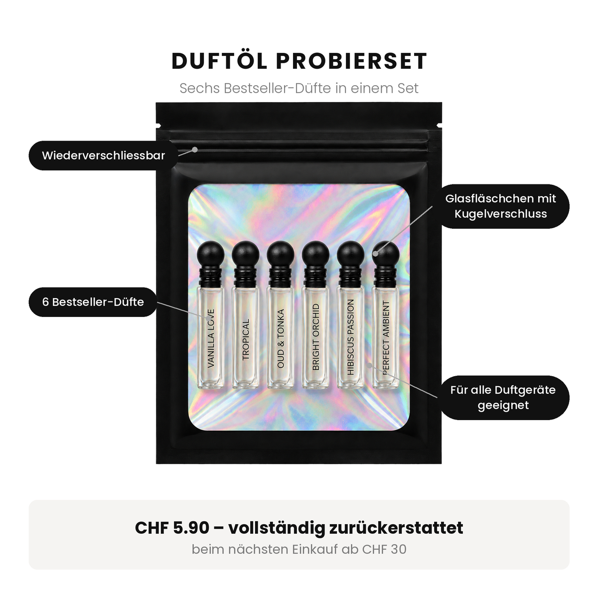 Duftöl Muster-Pack von Aromadream mit Hinweisen zu Inhalt und Anwendung