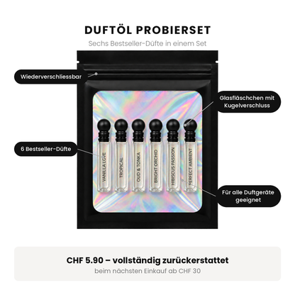 Duftöl Muster-Pack von Aromadream mit Hinweisen zu Inhalt und Anwendung