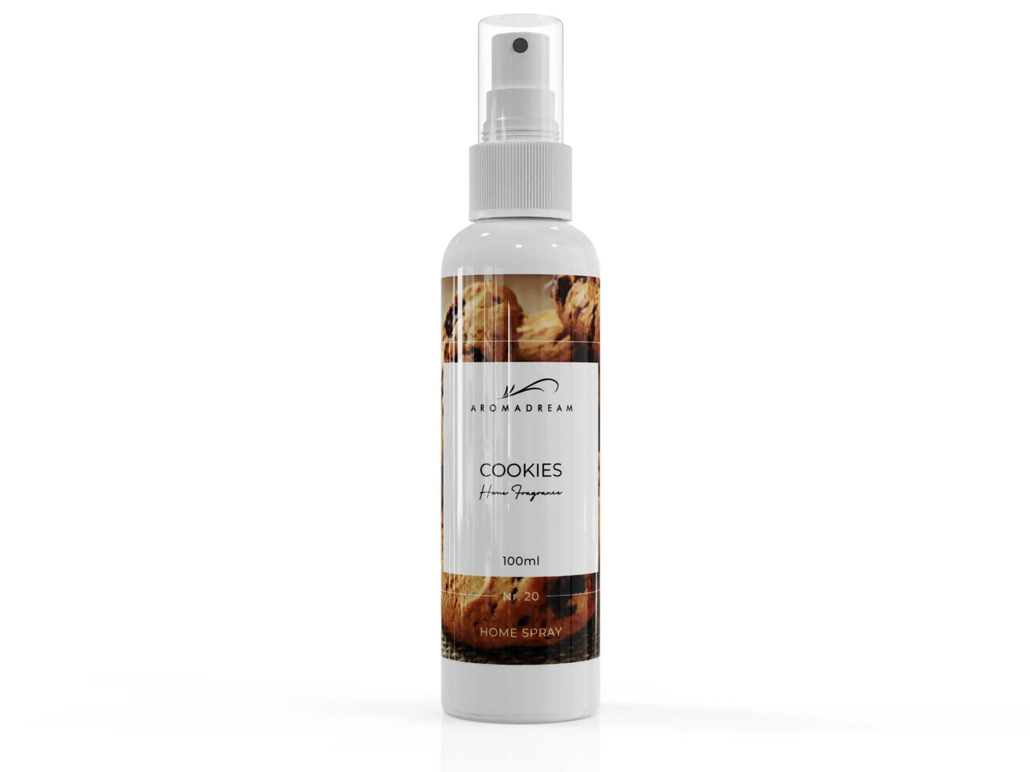 Aromadream Cookies Raumduft Spray mit süßem Duft nach Vanille, braunem Zucker und frisch gebackenen Keksen in einer 100 ml-Flasche.