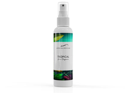 Aromadream Tropical Raumduft Spray in weißer 100ml-Flasche mit farbenfrohem tropischem Design und exotischem Sommerduft